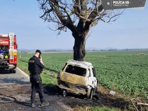 Smrteľná nehoda medzi Trnavou a Dolnou Krupou, vozidlo po náraze zhorelo